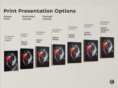 Various presentation options are displayed for this unique koi fish artwork. Choose from poster prints or stretched canvas. You can also select framed canvas with different frame colors. 