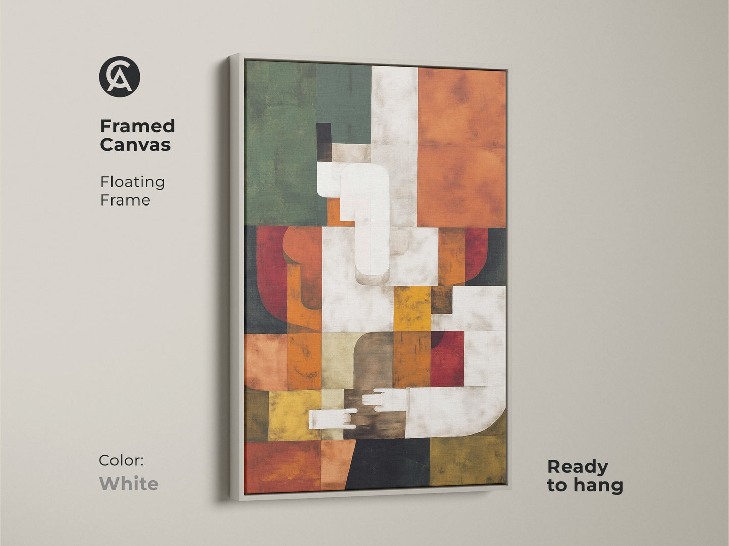Framed Canvas presenting Abstract Geometric Art. The white floating frame highlights the terracotta forest green orange and teal colors. This artwork offers a clean modern aesthetic. Ready to hang in your home or office.
