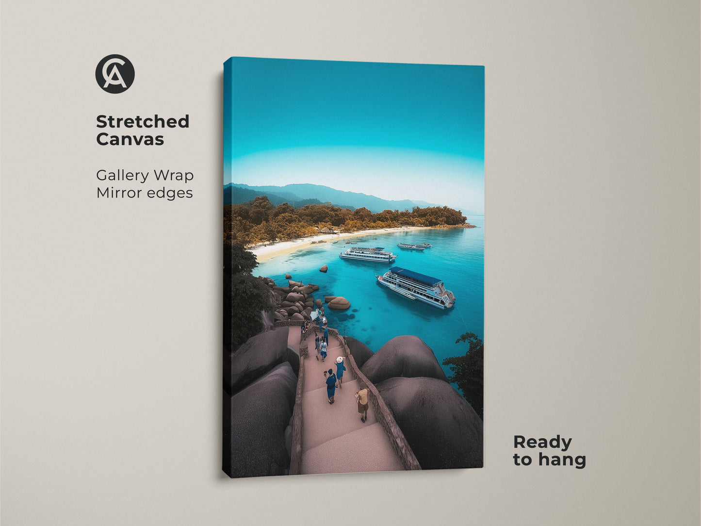 Stretched canvas displaying an aerial island beach scene. Gallery wrapped with mirror edges for a seamless look. This turquoise ocean view art is ready to hang. It's ideal as coastal landscape wall art. The boat filled bay print captures a tropical island getaway. Enjoy this blue water seascape for your beach house decor.