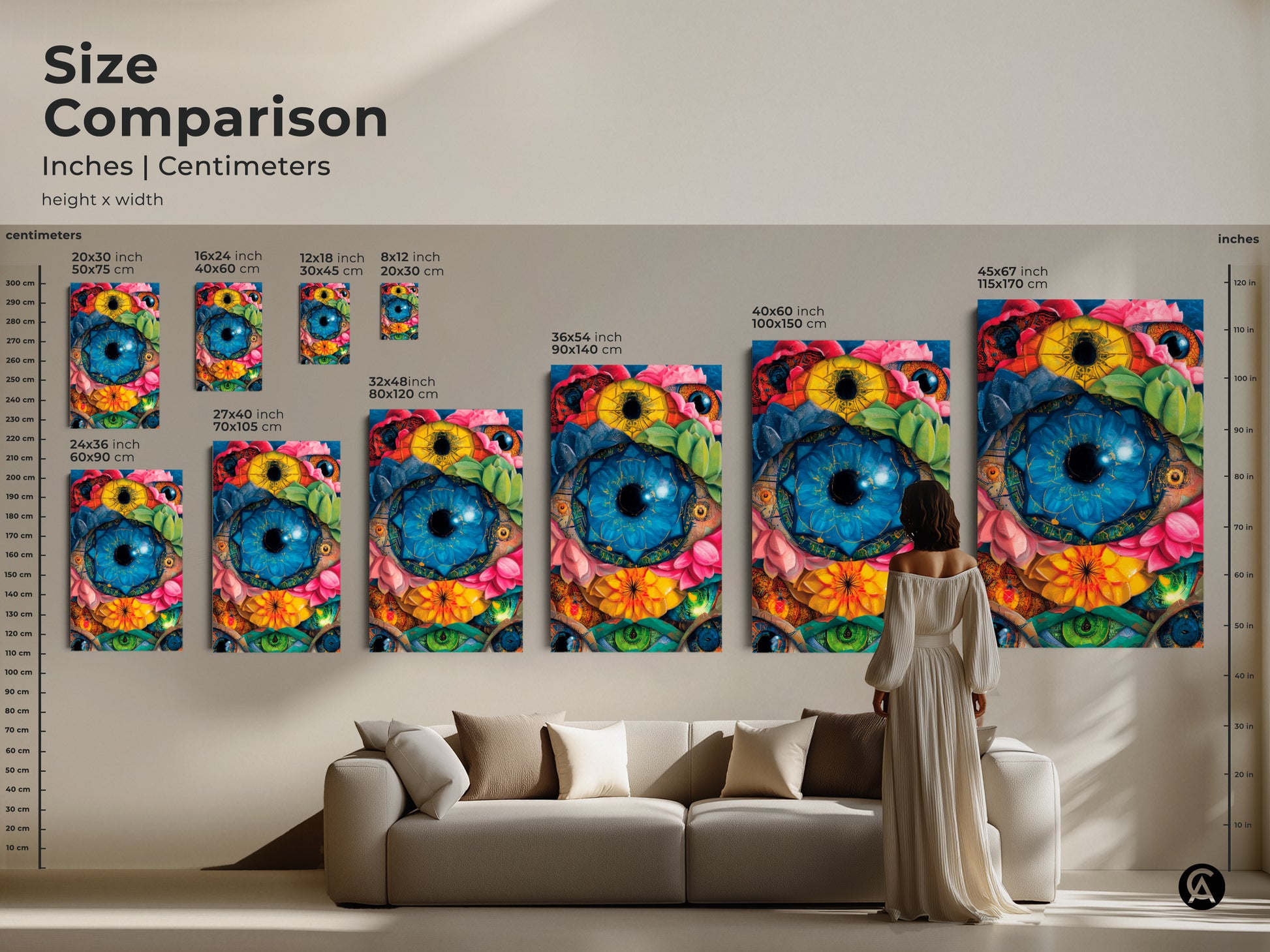 Size comparison featuring a surreal eye botanical art print in inches and centimeters. Visualize the artwork above a couch for scale. Explore dimensions from small to large. Find the perfect lotus succulent canvas size for your eclectic home decor.
