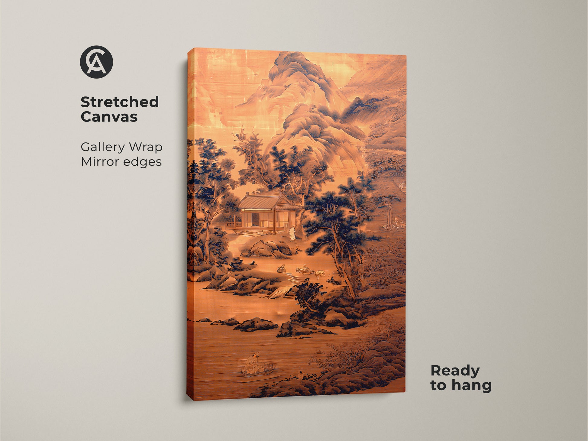 Stretched canvas gallery wrap featuring ink wash landscape artwork. Sepia and navy tones create traditional Asian wall decor. Ready to hang this zen meditation art brings serenity to any space. Perfect housewarming gift for a study room or office.