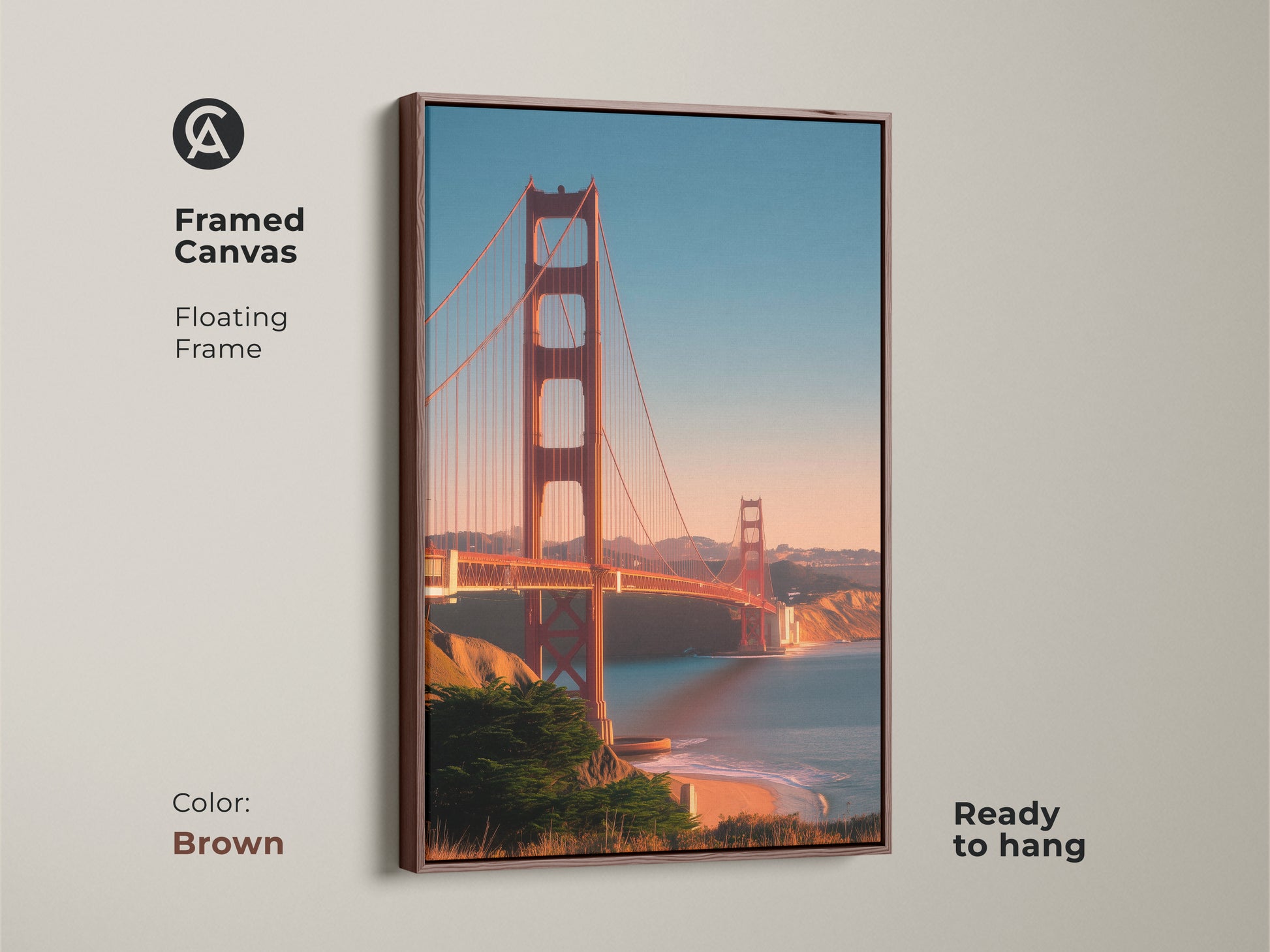 Brown framed canvas of the Golden Gate Bridge. This San Francisco cityscape print offers a coastal ocean view. Ready to hang travel photography decor. The red bridge artwork showcases the Bay Area landscape beautifully.