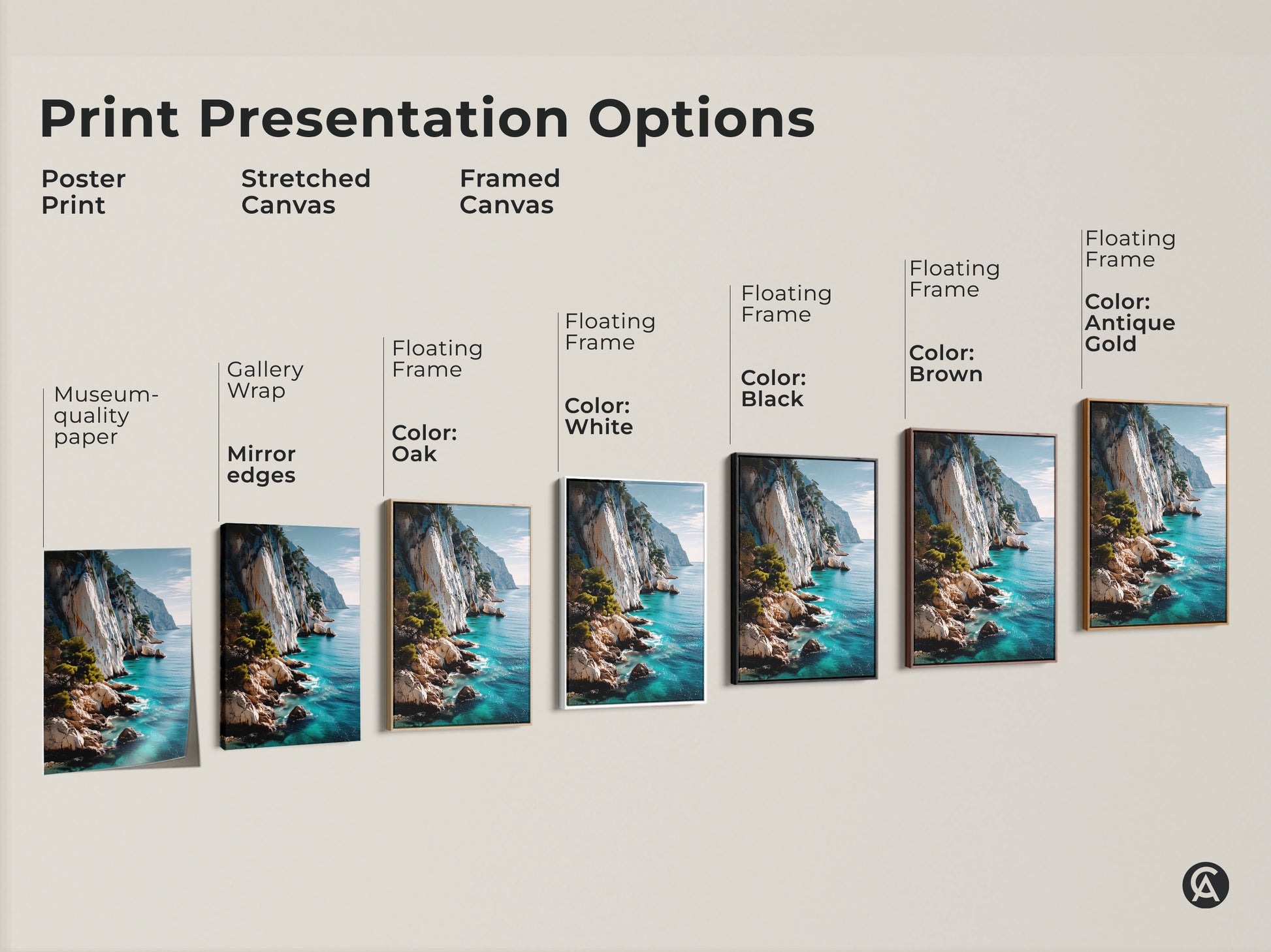 Explore print presentation options for this photorealistic coastal cliff artwork. Choose from poster prints stretched canvases and framed options in various colors like white black brown oak and antique gold. Find the perfect nature landscape to match your style and decor. Transform your space today.