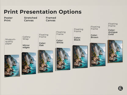 Explore print presentation options for this photorealistic coastal cliff artwork. Choose from poster prints stretched canvases and framed options in various colors like white black brown oak and antique gold. Find the perfect nature landscape to match your style and decor. Transform your space today.