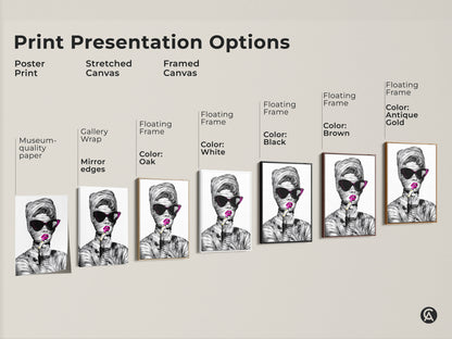 Print Presentation Options showcasing various formats. Includes Poster Print stretched Canvas and Framed Canvas. Each features the fashionable woman artwork with magenta lipstick. Choose the perfect style for your modern eclectic decor.