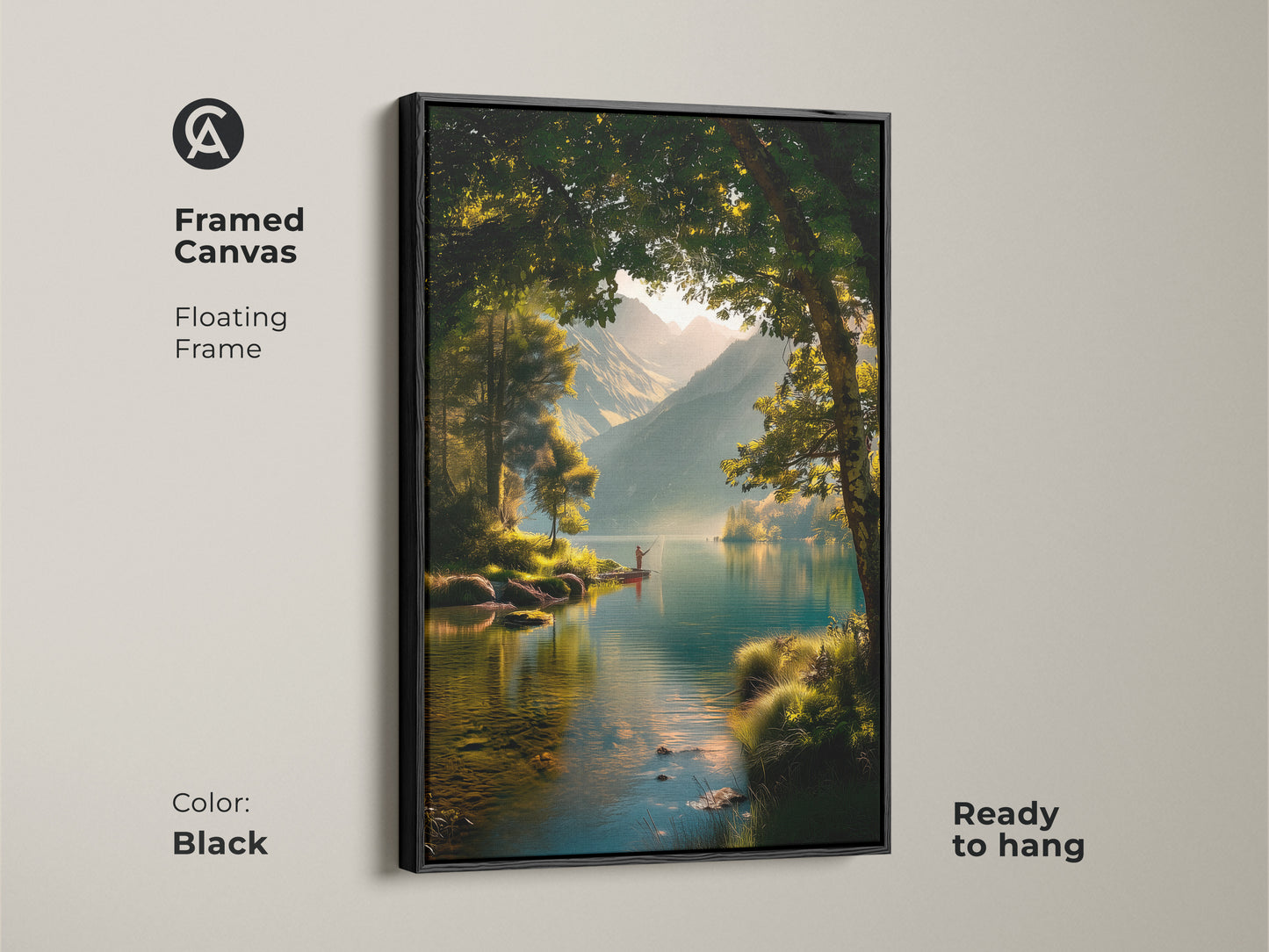 Black framed canvas art featuring a scenic lake with a fisherman. This floating frame enhances the artwork's beauty. Ready to hang this calming landscape print. Perfect for home decor.