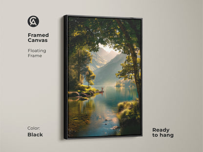Black framed canvas art featuring a scenic lake with a fisherman. This floating frame enhances the artwork's beauty. Ready to hang this calming landscape print. Perfect for home decor.