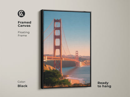 Black framed canvas of the Golden Gate Bridge. The San Francisco cityscape print features a coastal ocean view. Ready to hang travel photography decor. The red bridge artwork brings the Bay Area landscape to your home.