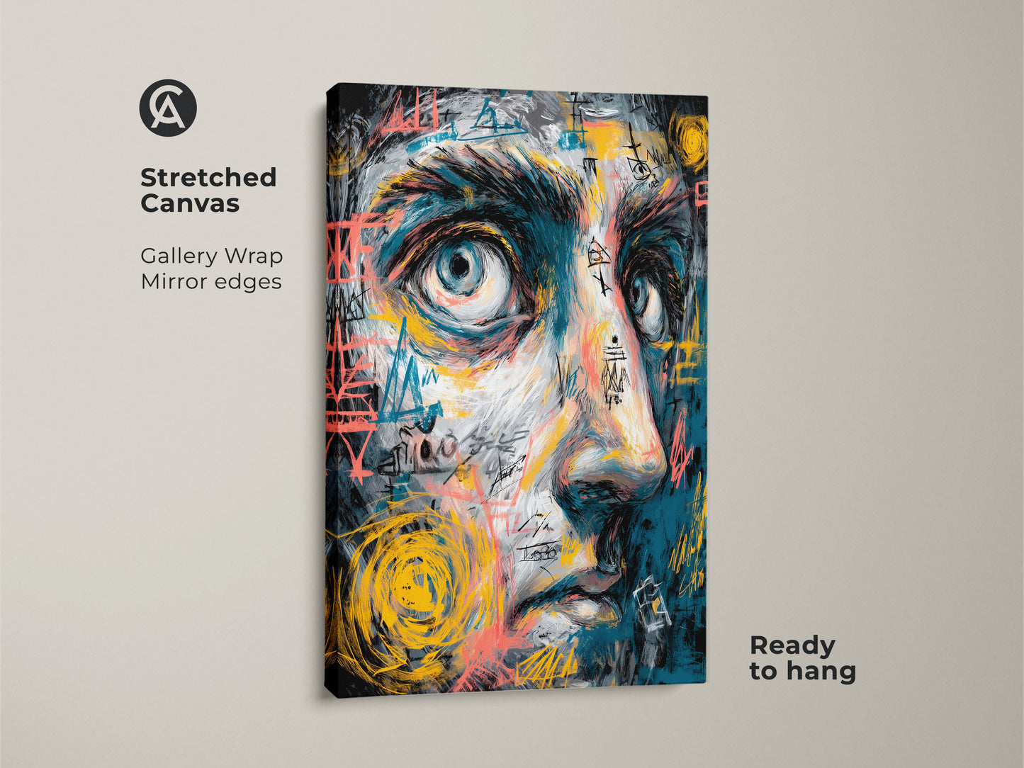 Stretched canvas art with gallery wrap and mirrored edges. The artwork shows a close-up face with blue tones and abstract graffiti. Ready to hang this stunning piece in your home. The stretched canvas brings artwork to life.
