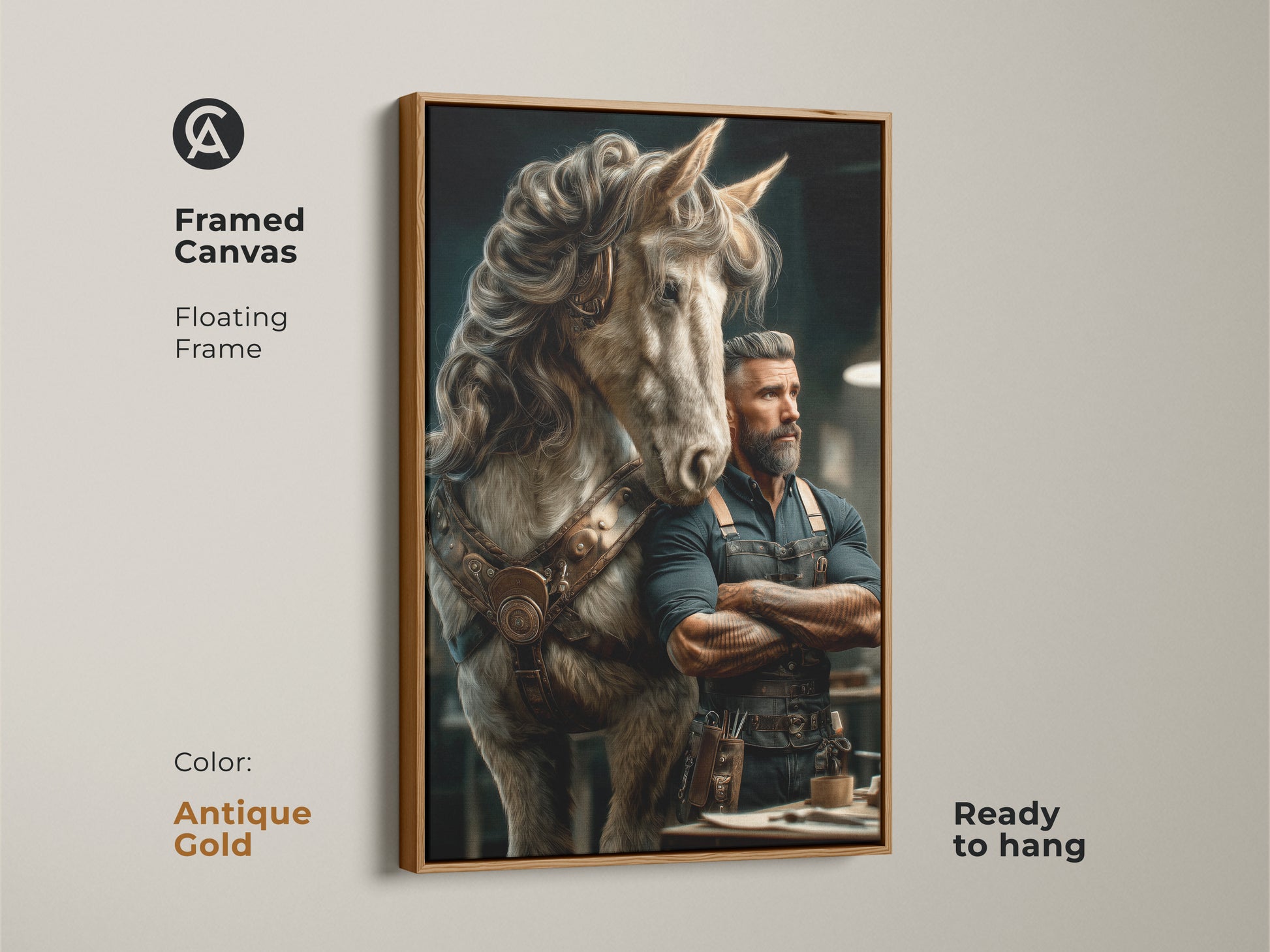 A framed canvas showing a steampunk-style man with a horse. The floating frame has an antique gold finish. The fantasy art brings an eclectic touch to any room. It is ready to hang. It is a unique gift for horse lovers. It is perfect for office or study.