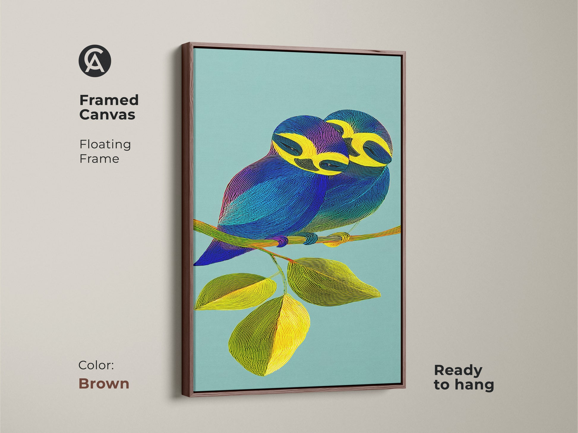A framed canvas presents a line art bird couple within a brown floating frame. This contemporary nature print adds a warm touch to any room. Ready to hang this unique bird art canvas is a perfect animal lover gift. The teal background contrasts beautifully with the vibrant yellow leaves and blue hues of the artwork.