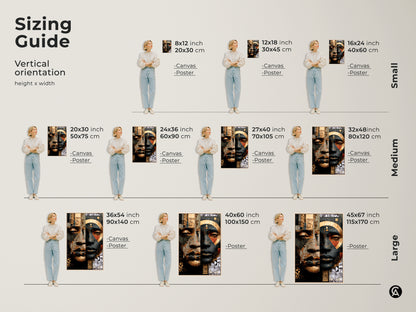 Sizing guide showing the vertical orientation and dimensions of the canvas and poster prints. The contemporary geometric art in gold and black hues. The abstract face artwork is available in small medium and large sizes. Perfect for any wall space.
