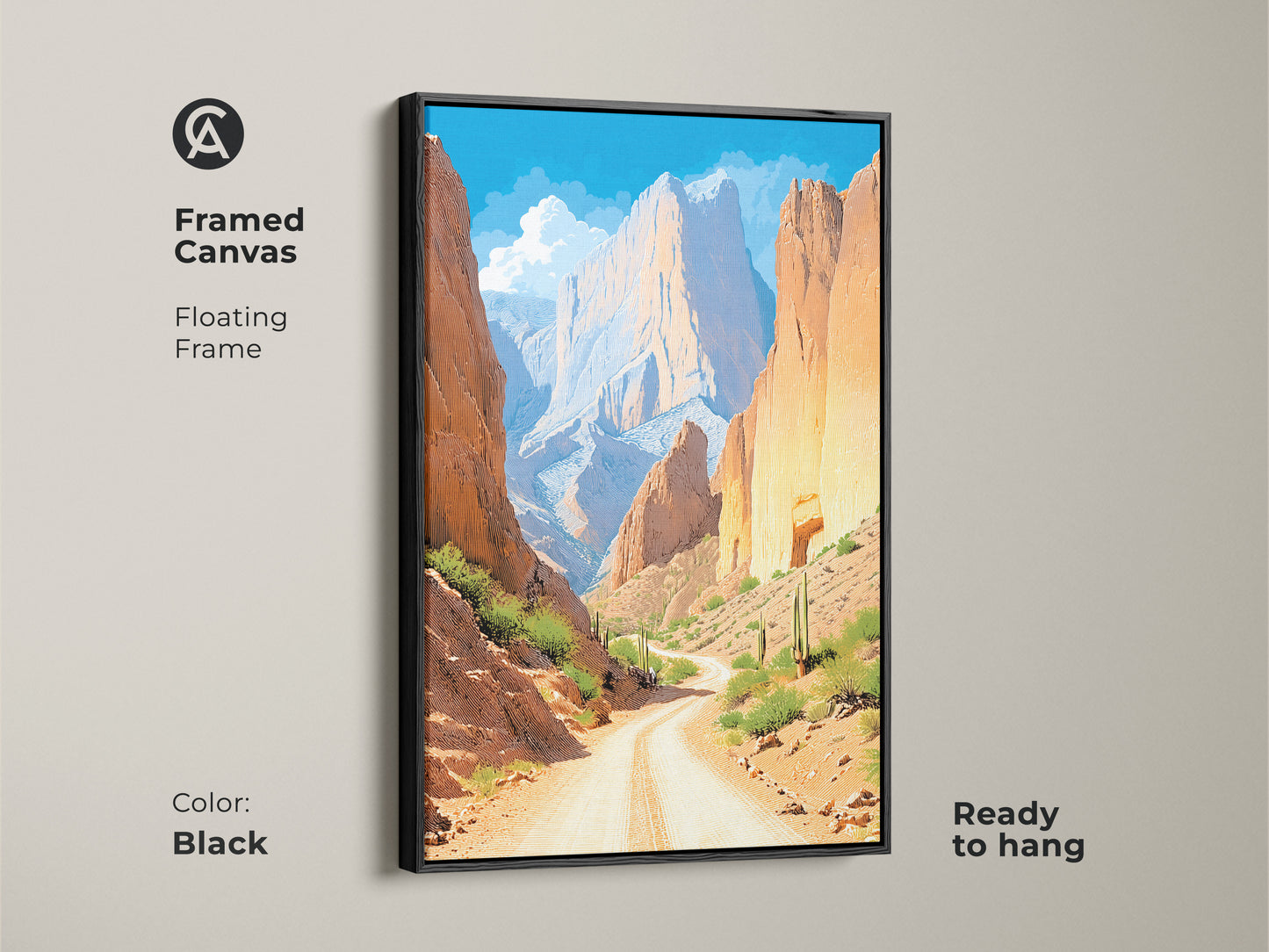 This framed desert art print showcases a winding canyon road with desert mountain scenery. The black floating frame complements the southwestern wall art. The canvas art provides a rustic charm to a farmhouse landscape. Ready to hang this print adds comfort to any living space.
