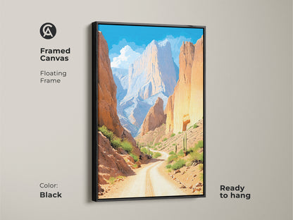 This framed desert art print showcases a winding canyon road with desert mountain scenery. The black floating frame complements the southwestern wall art. The canvas art provides a rustic charm to a farmhouse landscape. Ready to hang this print adds comfort to any living space.