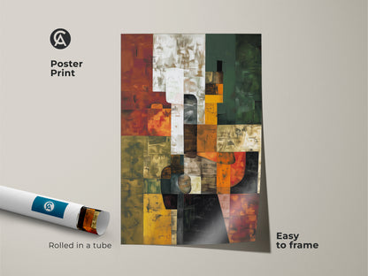 Easy-to-frame abstract geometric art print arrives rolled in a tube. The modern contemporary artwork features terracotta orange green hues. Perfect for any home or office decor collection.