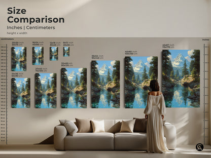 Size comparison of snowy mountain river artwork in a living room. See how different sizes of canvas art fit above a sofa. Visualize 20x30 inch to 45x67 inch prints. Choose the perfect scale for your nature landscape artwork. Inches and centimeters shown.