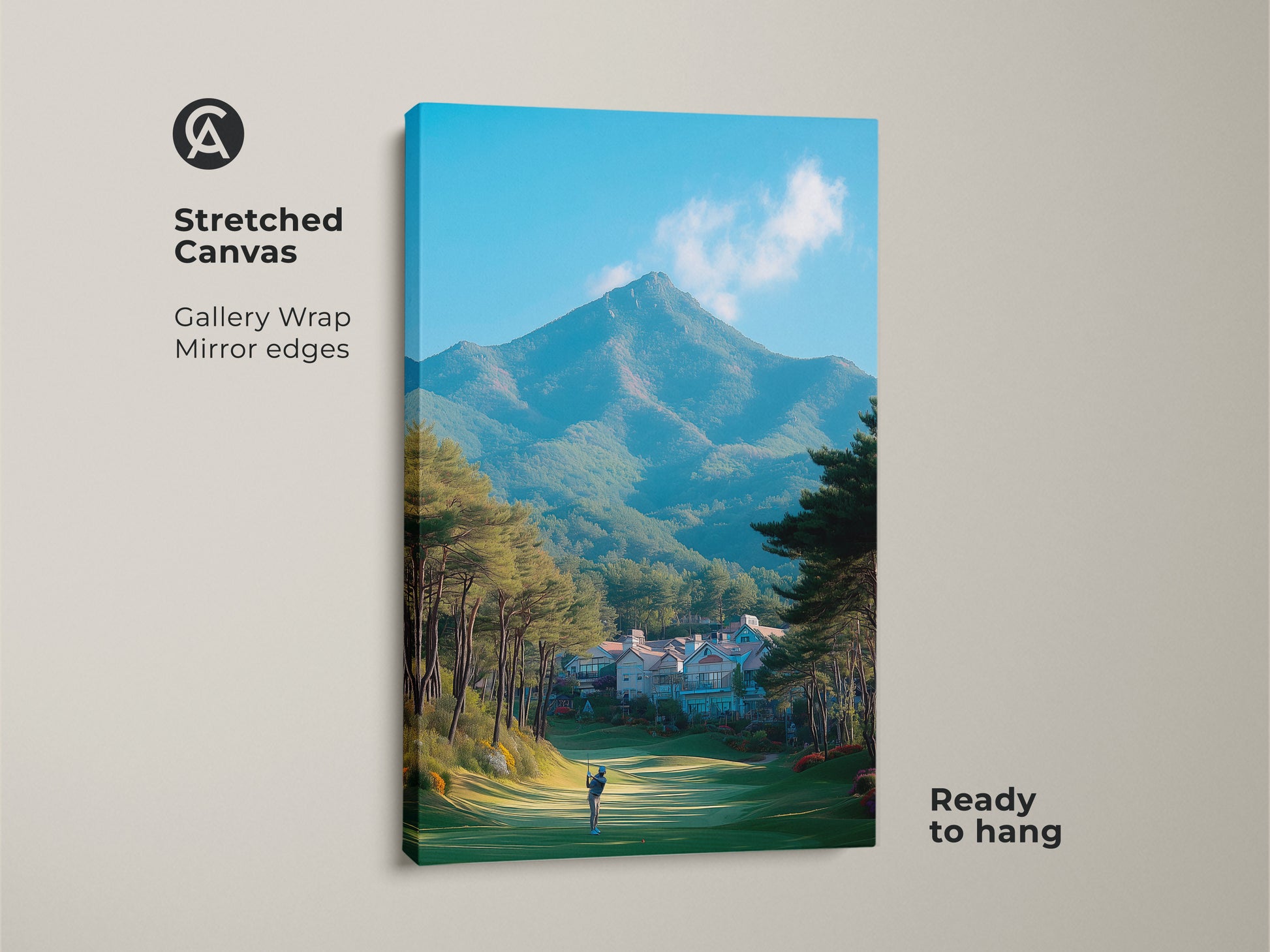 Stretched canvas artwork of a golfer on a scenic golf course. A large mountain dominates the background. Trees and a complex of buildings sit nestled along the green. The canvas has gallery wrapped edges and is ready to hang.