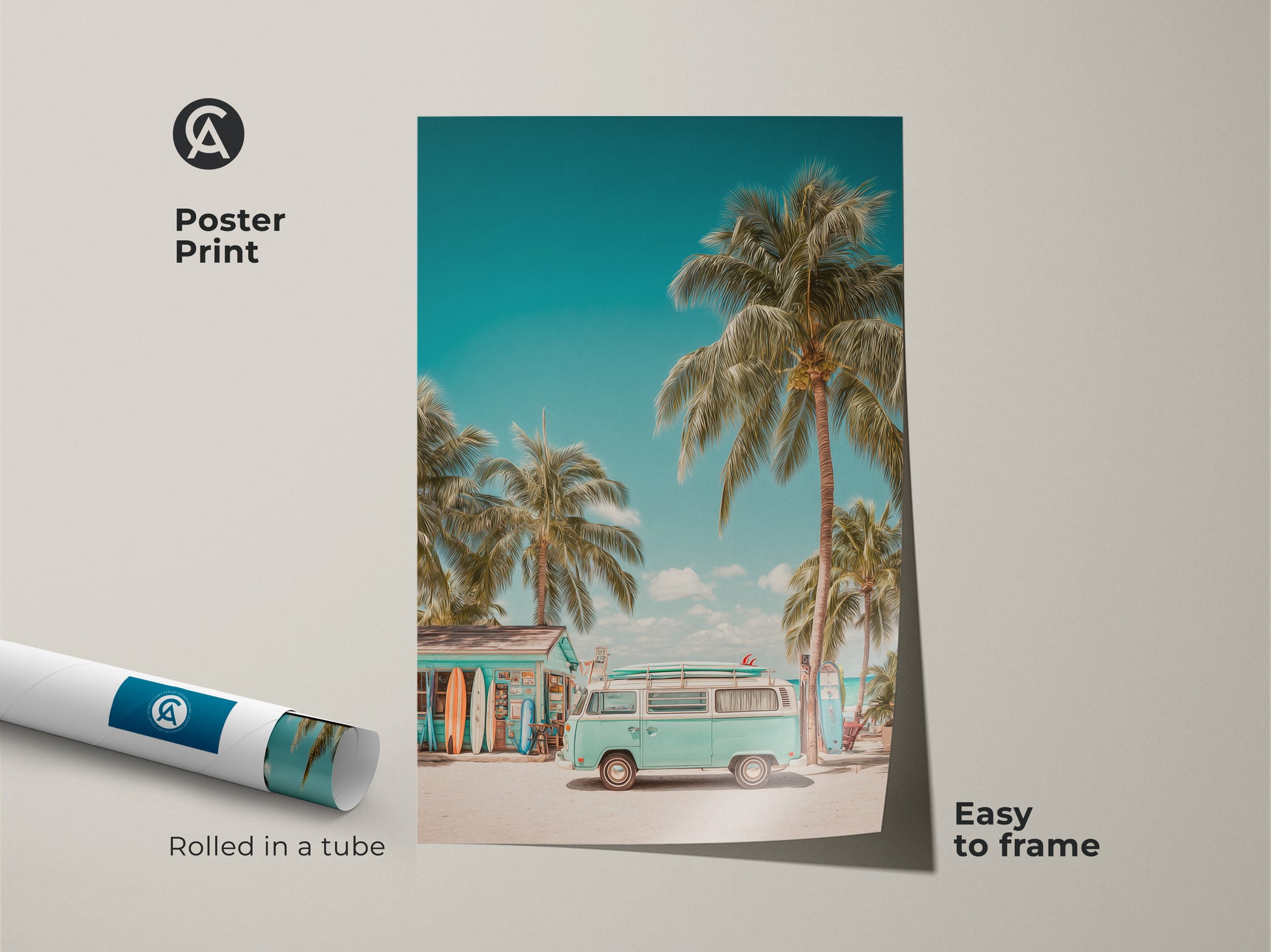 Poster print featuring a vintage VW bus parked by a surf shop on a sunny beach. Palm trees sway in the breeze and surfboards add to the coastal charm. This easy-to-frame poster brings a touch of summer to any room.