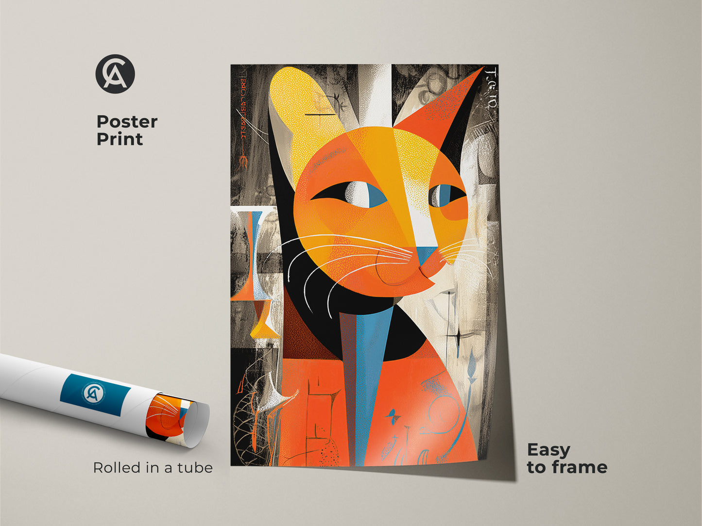 Poster print of an abstract cat rolled in a tube ready to frame. This orange and yellow geometric feline is perfect for modern bedroom or office wall art. A unique and colorful cat artwork for cat lovers.