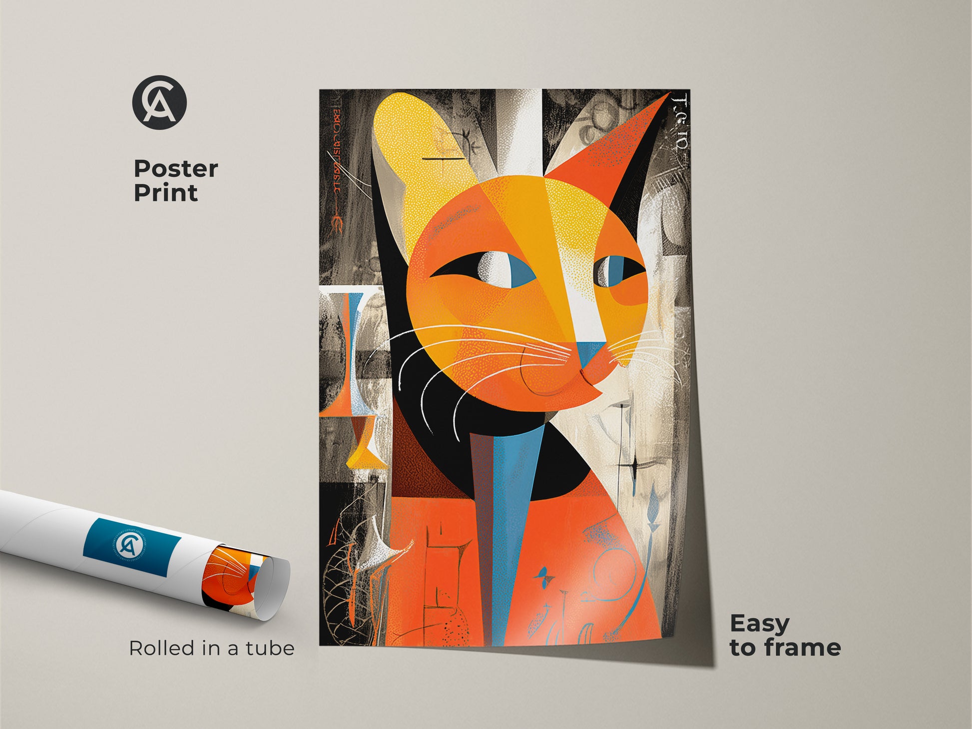 Poster print of an abstract cat rolled in a tube ready to frame. This orange and yellow geometric feline is perfect for modern bedroom or office wall art. A unique and colorful cat artwork for cat lovers.