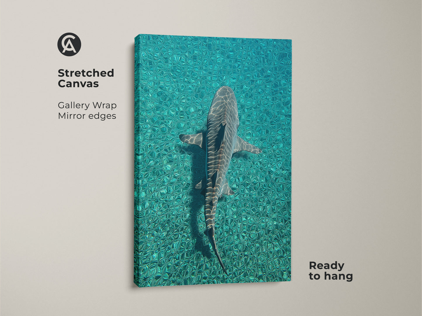 Stretched canvas print of a shark in turquoise ocean waters ready to hang. This teal blue artwork captures an underwater scene. Ideal coastal wall decor for marine biology art enthusiasts. A perfect scuba diver gift idea for nature lovers. This oceanic wildlife decor complements coastal and wildlife themes with its blue green art.