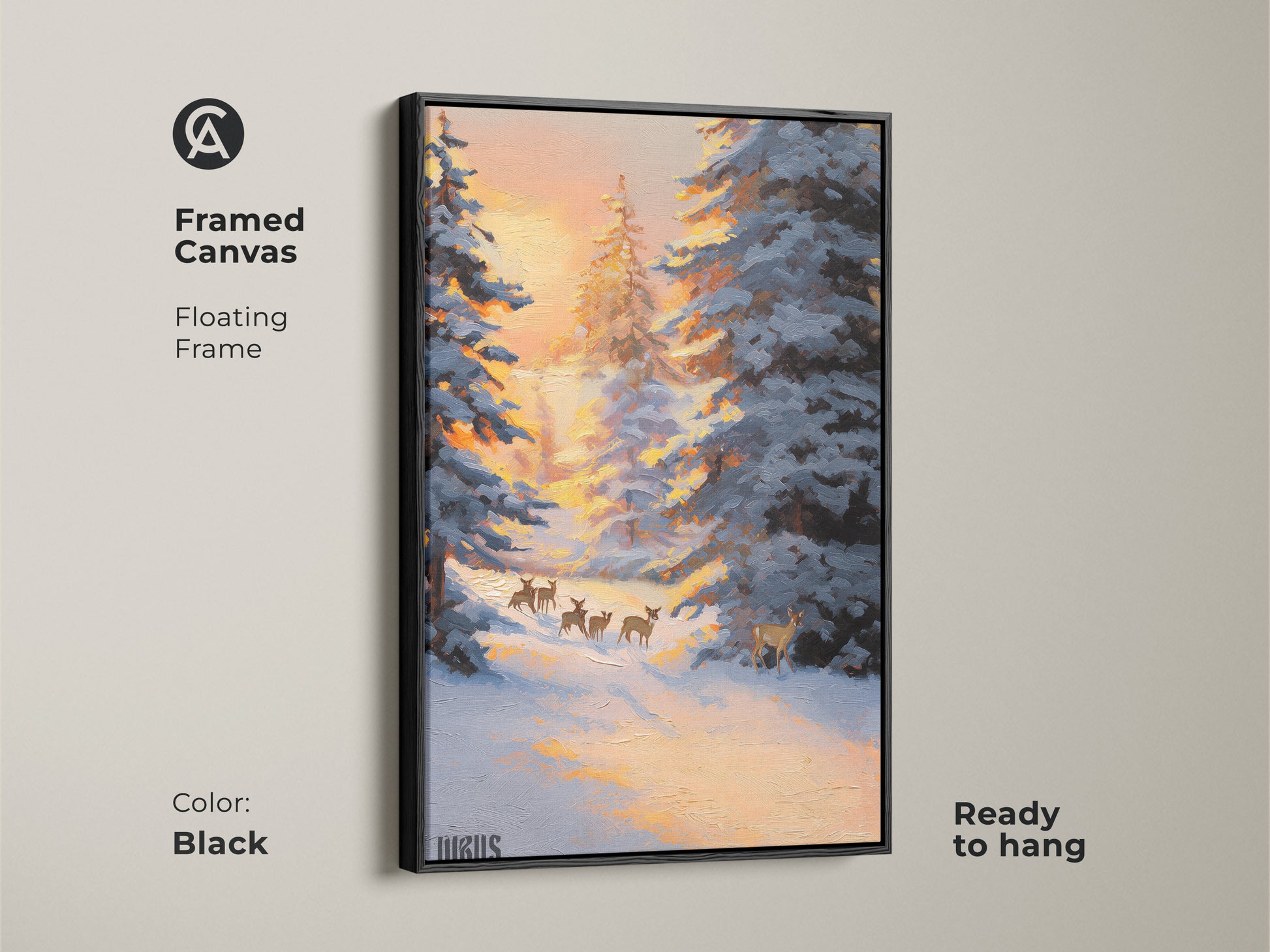 Framed canvas of deer in snowy forest wall art with a floating black frame. This winter landscape canvas print is ready to hang. This rustic nature decor features a striking blue and orange palette. The peaceful forest scene art brings wildlife beauty into your home.