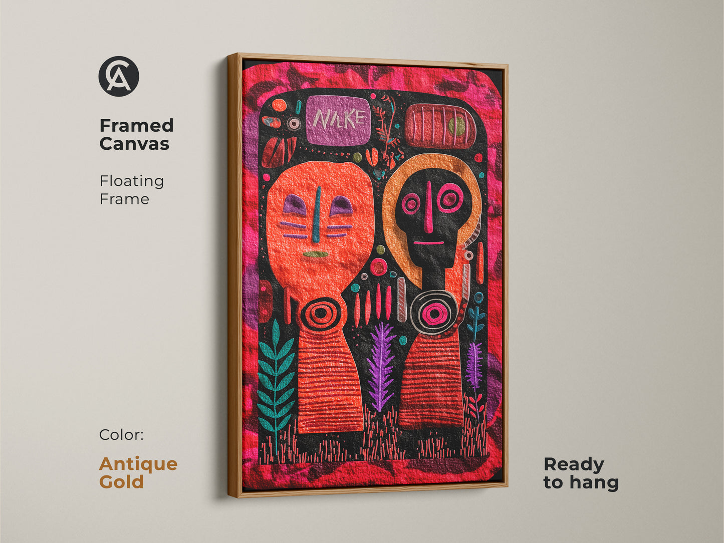 Framed Canvas Print of Naïve Folk Art perfect for eclectic home decor. The artwork has orange red and magenta geometric art. Floating frame in antique gold ready to hang. Tribal figurative wall decor for a boho living room. Colorful geometric pattern print adds to any space.