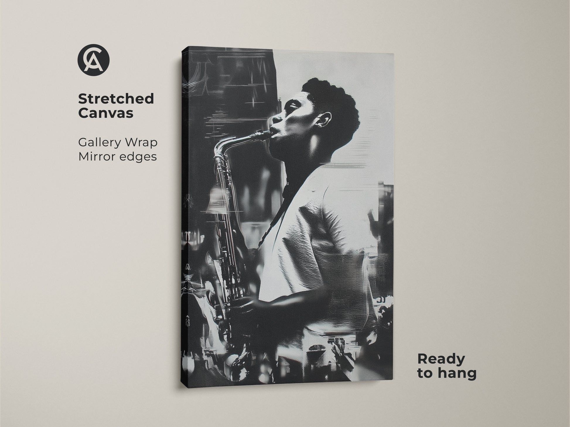 Stretched canvas art showcasing a captivating black and white image of a saxophonist. The gallery wrap and mirrored edges give it a polished look. Ready to hang and enjoy. Elevate your home decor with this unique artwork.