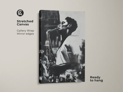 Stretched canvas art showcasing a captivating black and white image of a saxophonist. The gallery wrap and mirrored edges give it a polished look. Ready to hang and enjoy. Elevate your home decor with this unique artwork.