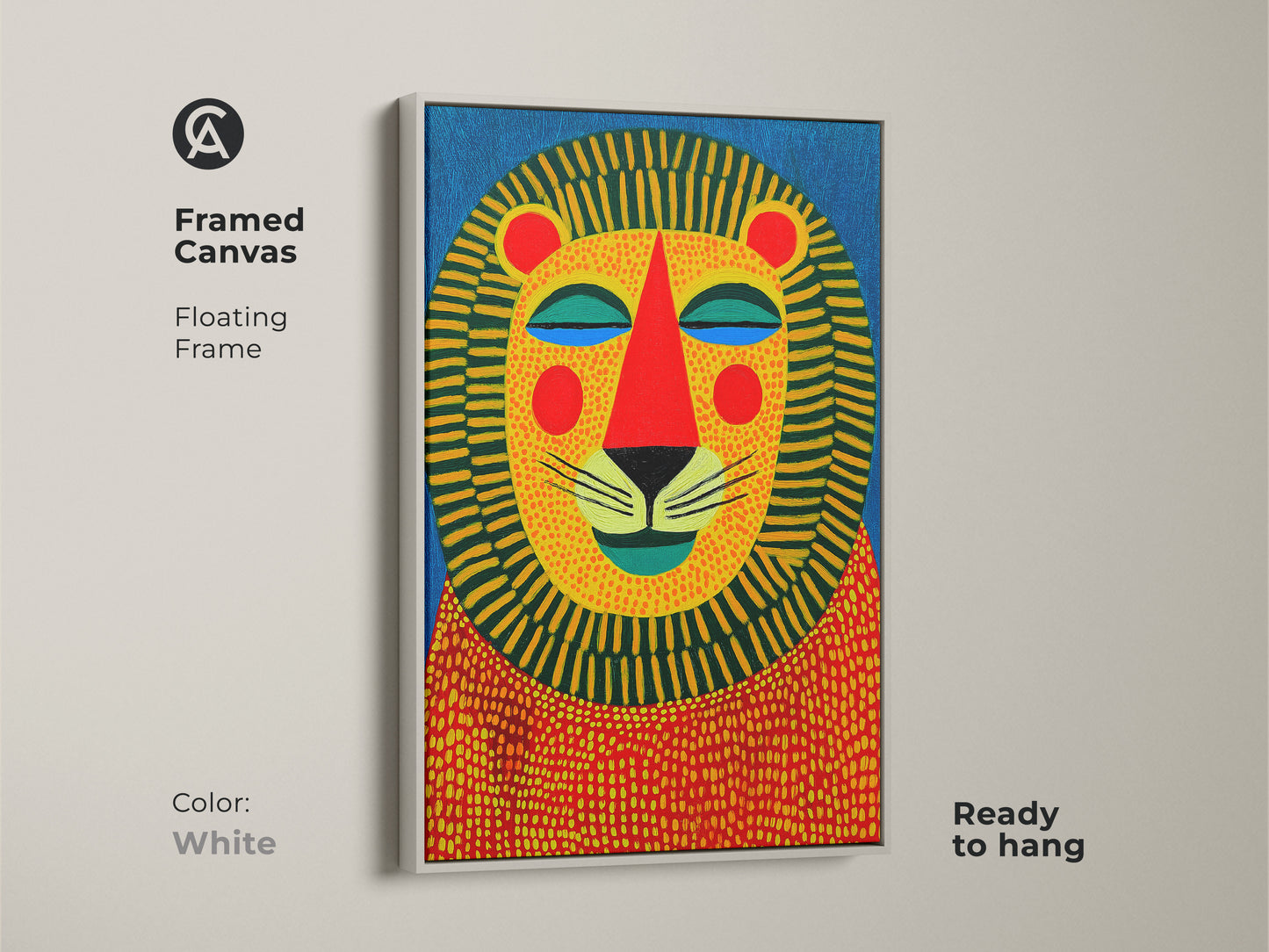 Framed canvas displaying a geometric lion print. The floating frame comes in white. This colorful animal artwork is a standout piece for a kid's room. It is a unique wall hanging for modern homes.