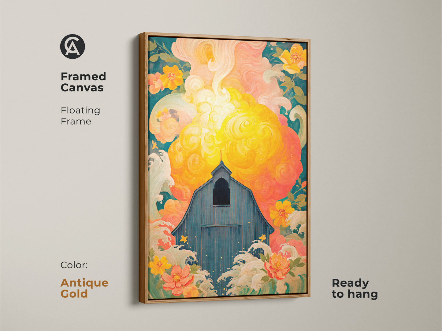 Framed Canvas showcasing a Blue Barn with Yellow Coral flowers against an abstract sky. The antique gold floating frame adds a touch of elegance to this nature landscape artwork. This ready-to-hang piece is ideal for eclectic art. It blends rustic charm with modern style perfect for any home decor.