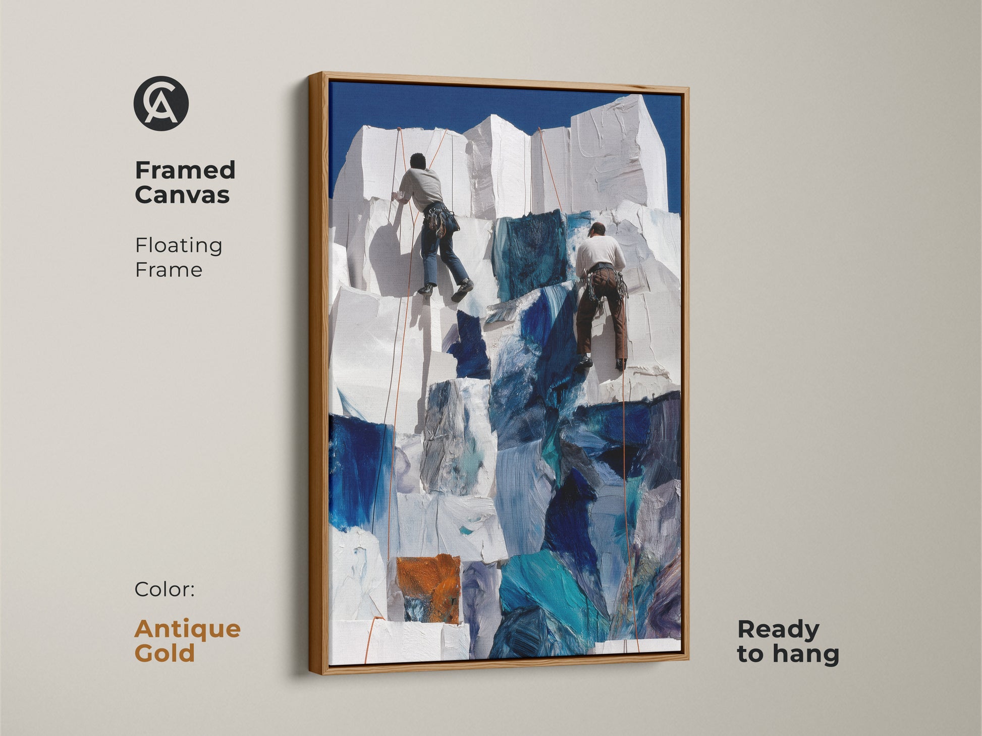 This framed canvas art presents abstract climbers. It comes ready to hang in an antique gold frame. It's perfect artistic office wall art. The contemporary artwork uses deep blues.