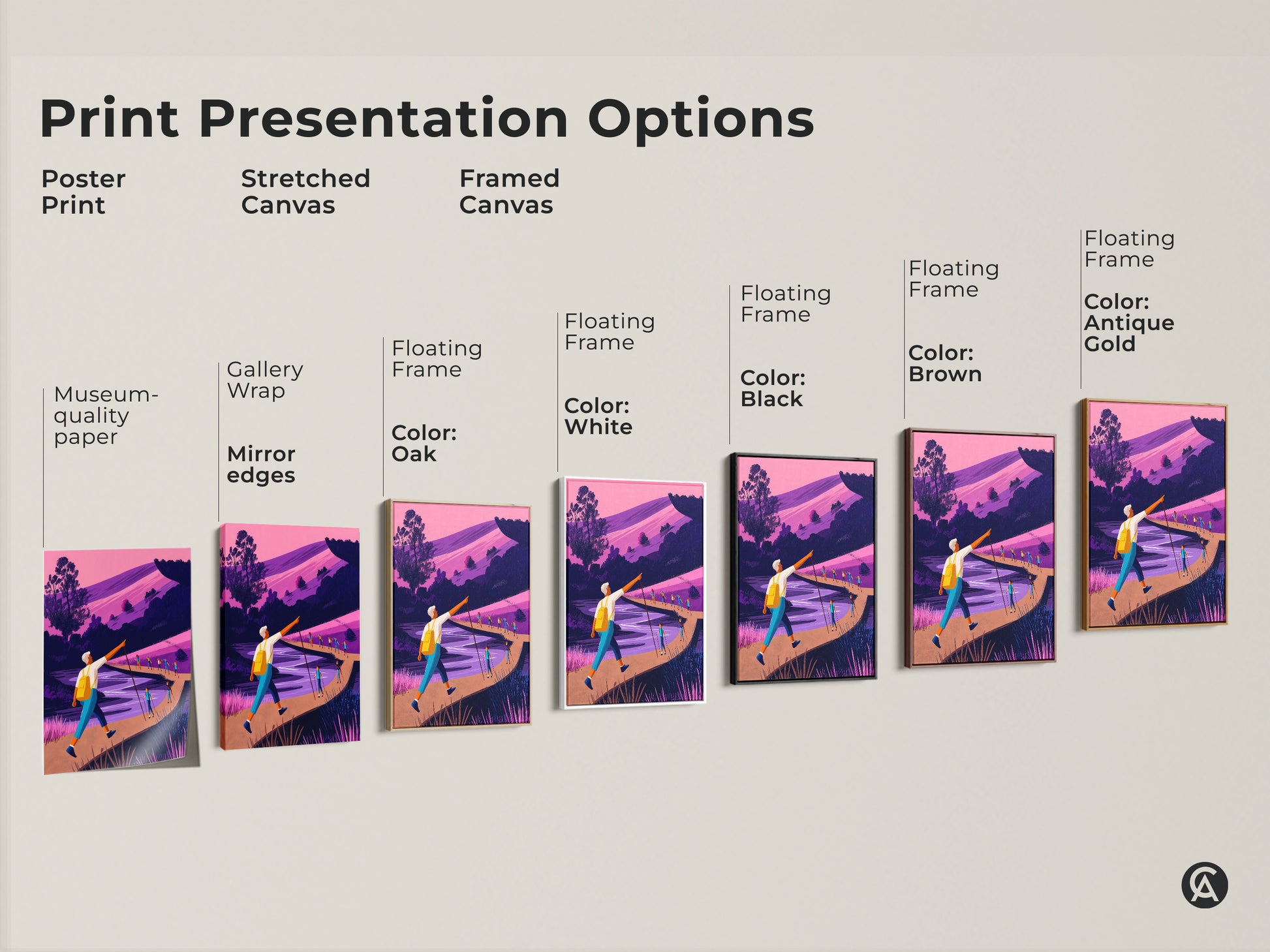 Print presentation options. Poster print on museum-quality paper with stretched canvas and framed canvas. Floating frames in oak white black brown and antique gold. Pink purple landscape wall art for any home.