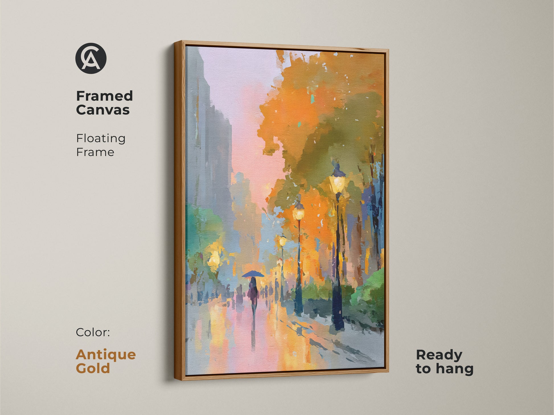Framed canvas print in an antique gold floating frame. The artwork shows a person with an umbrella under glowing street lamps. This colorful cityscape adds a touch of sophistication. It is ready to hang for easy home decor.