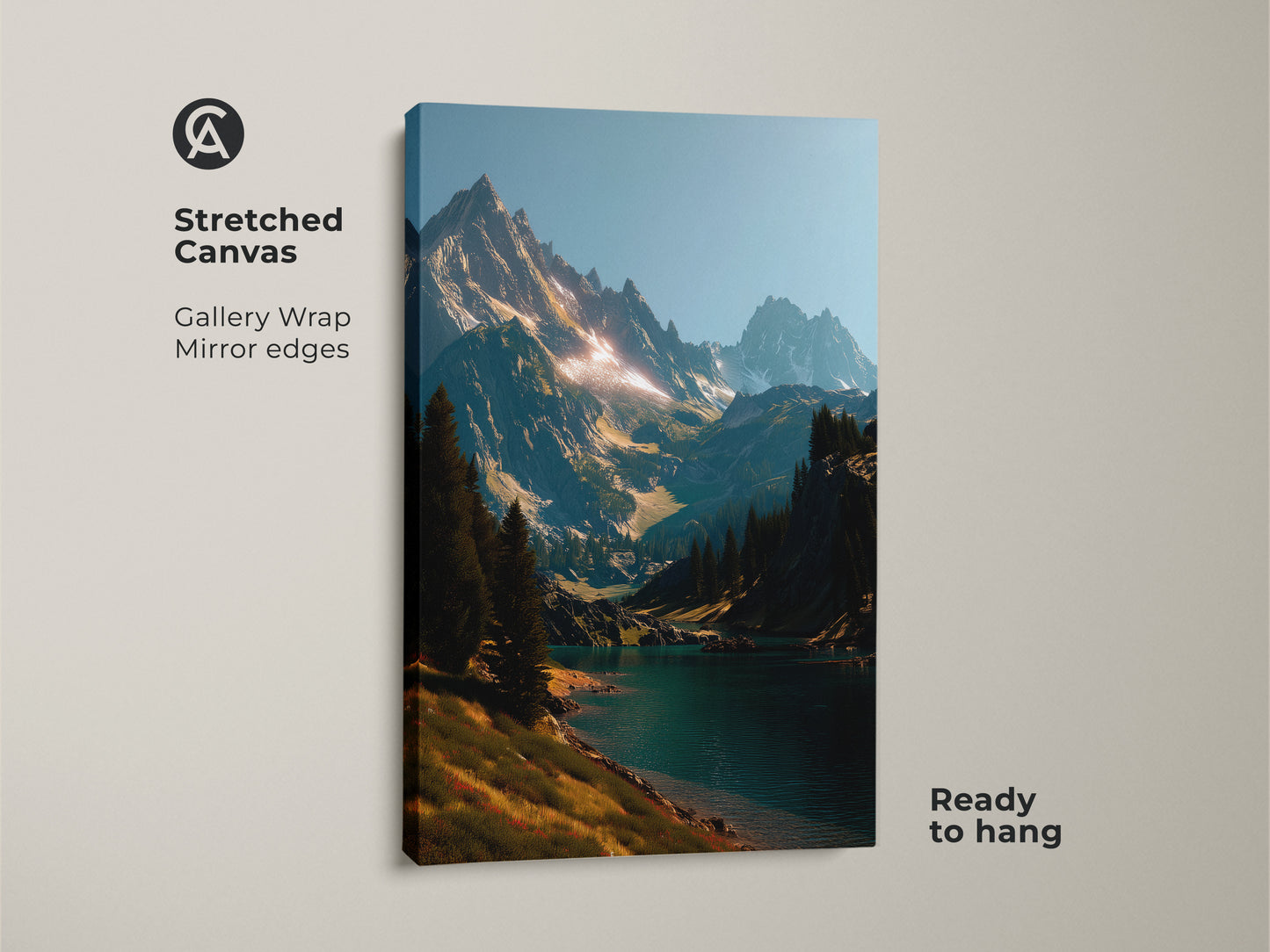 Stretched canvas artwork showcasing a breathtaking mountain lake landscape. The gallery wrap with mirrored edges enhances the immersive experience. Ready to hang. This piece is a striking addition to any art collection. Bring the outdoors in with this landscape art.