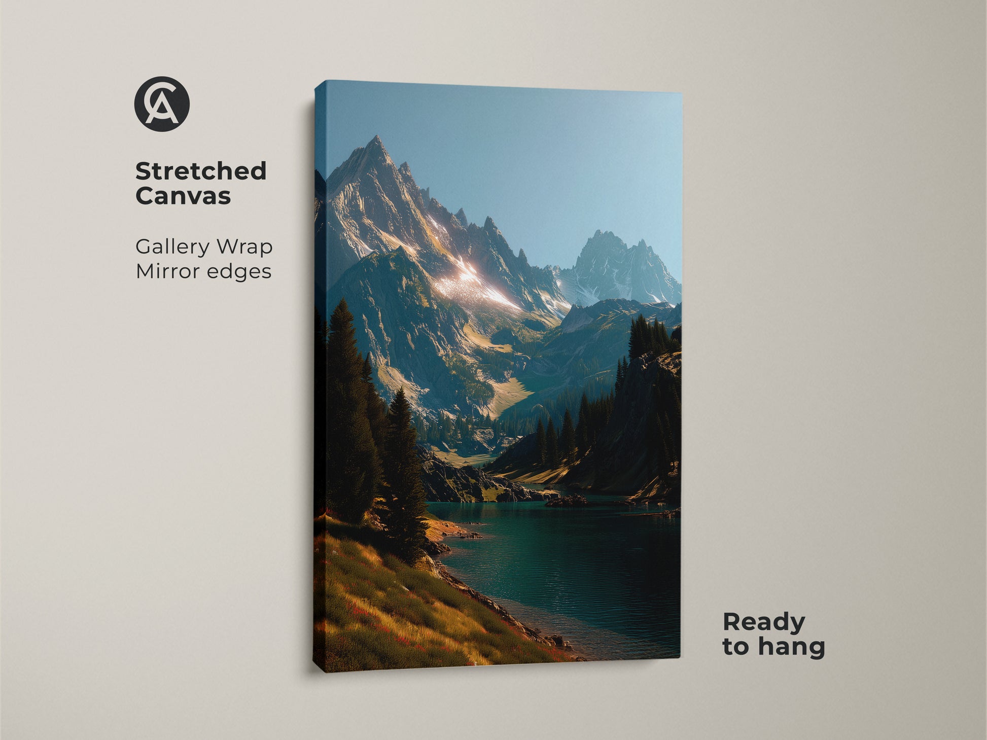 Stretched canvas artwork showcasing a breathtaking mountain lake landscape. The gallery wrap with mirrored edges enhances the immersive experience. Ready to hang. This piece is a striking addition to any art collection. Bring the outdoors in with this landscape art.