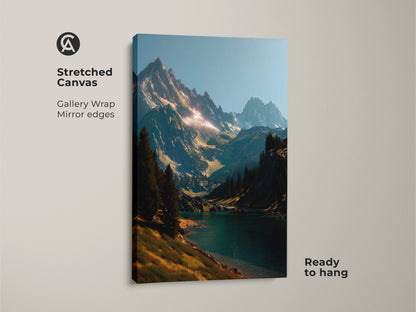 Stretched canvas artwork showcasing a breathtaking mountain lake landscape. The gallery wrap with mirrored edges enhances the immersive experience. Ready to hang. This piece is a striking addition to any art collection. Bring the outdoors in with this landscape art.