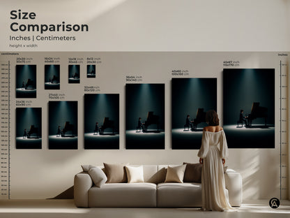 Size comparison of piano artwork prints. See how different sizes fit above a sofa. Options range from small to large. Find the perfect scale for your space. Enhance your home with musical artwork.