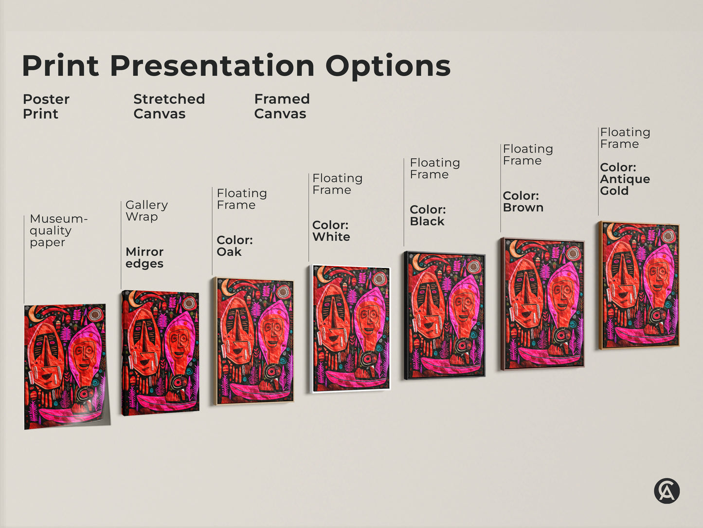 Explore print presentation options for this abstract folk art. Choose from a poster print stretched canvas or framed canvas in multiple colors. Each style enhances the tribal mask figurative art.