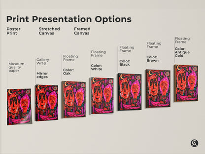 Explore print presentation options for this abstract folk art. Choose from a poster print stretched canvas or framed canvas in multiple colors. Each style enhances the tribal mask figurative art.