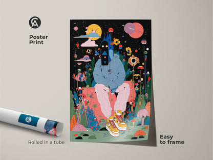 Poster art print. This artwork shows a figure surrounded by surreal plants and planets. It's easy to frame. The poster is rolled in a tube. Get this unique piece for your home decor.
