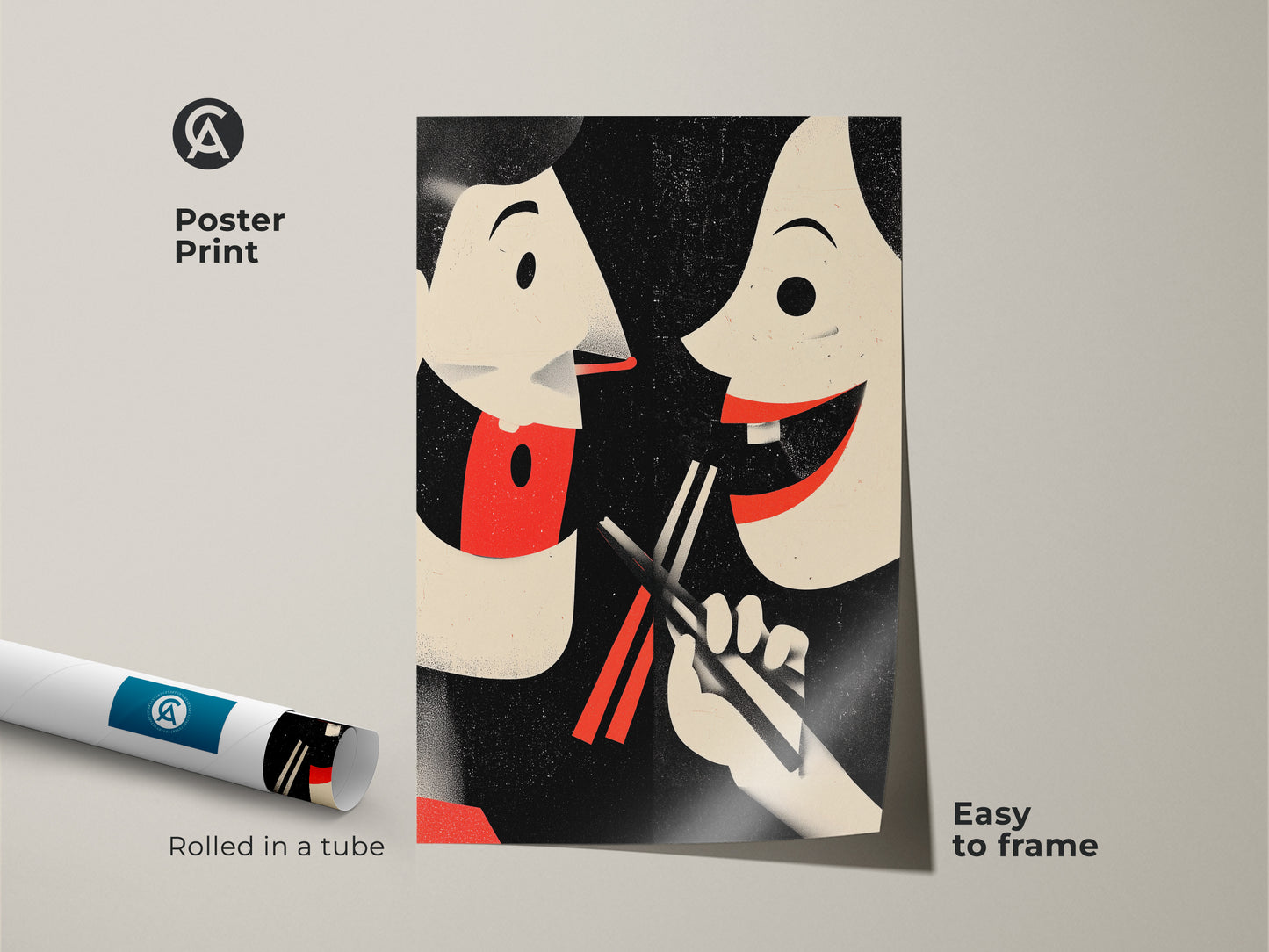 Poster print of retro couple eating art. The Asian inspired wall art is rolled in a tube ready to frame. This eclectic kitchen decor features a playful couple sharing food. A foodie gift idea for a unique housewarming present. The vintage food poster celebrates cultural cuisine.