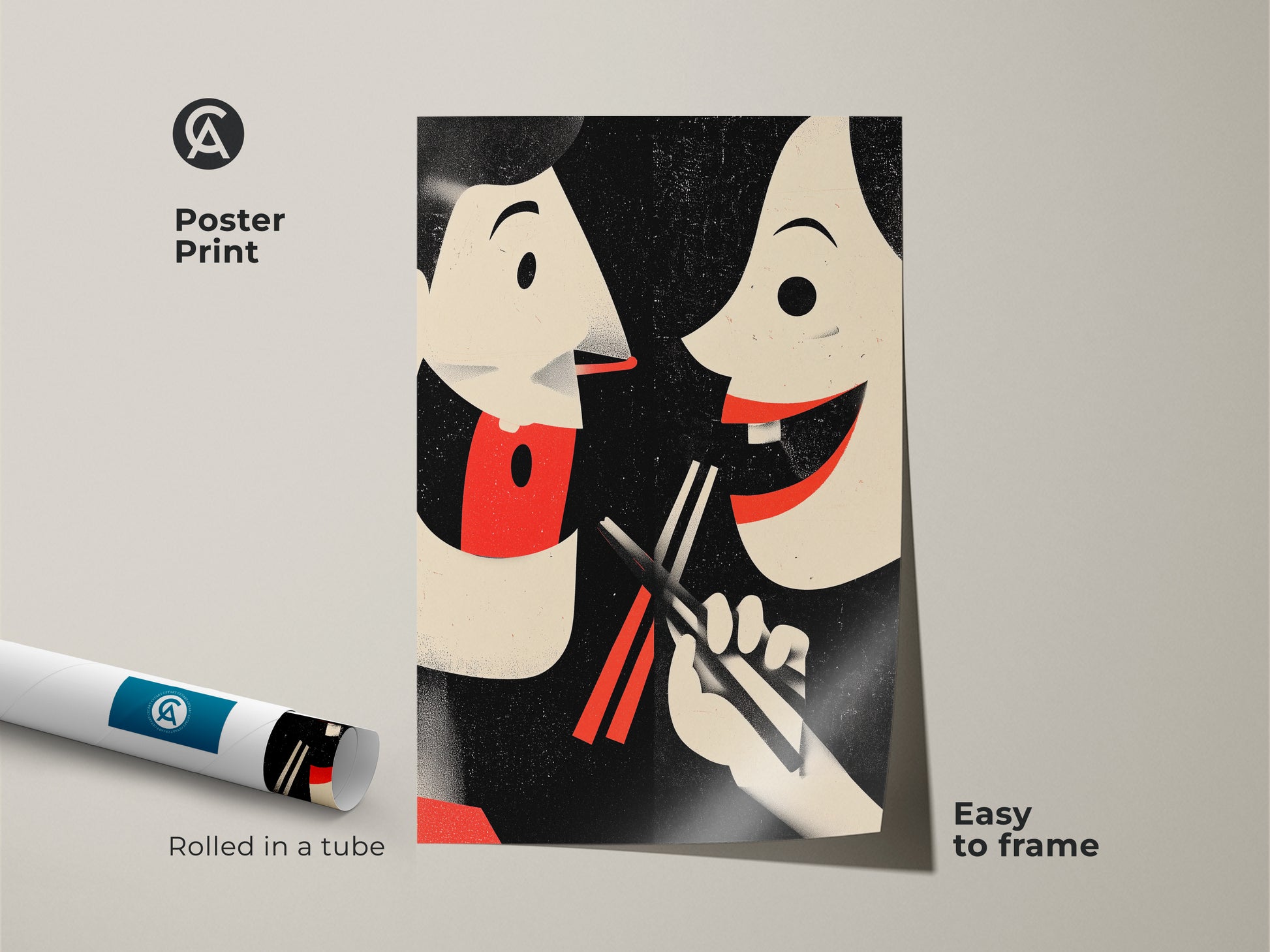 Poster print of retro couple eating art. The Asian inspired wall art is rolled in a tube ready to frame. This eclectic kitchen decor features a playful couple sharing food. A foodie gift idea for a unique housewarming present. The vintage food poster celebrates cultural cuisine.