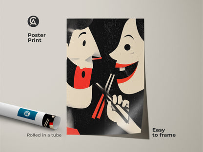 Poster print of retro couple eating art. The Asian inspired wall art is rolled in a tube ready to frame. This eclectic kitchen decor features a playful couple sharing food. A foodie gift idea for a unique housewarming present. The vintage food poster celebrates cultural cuisine.