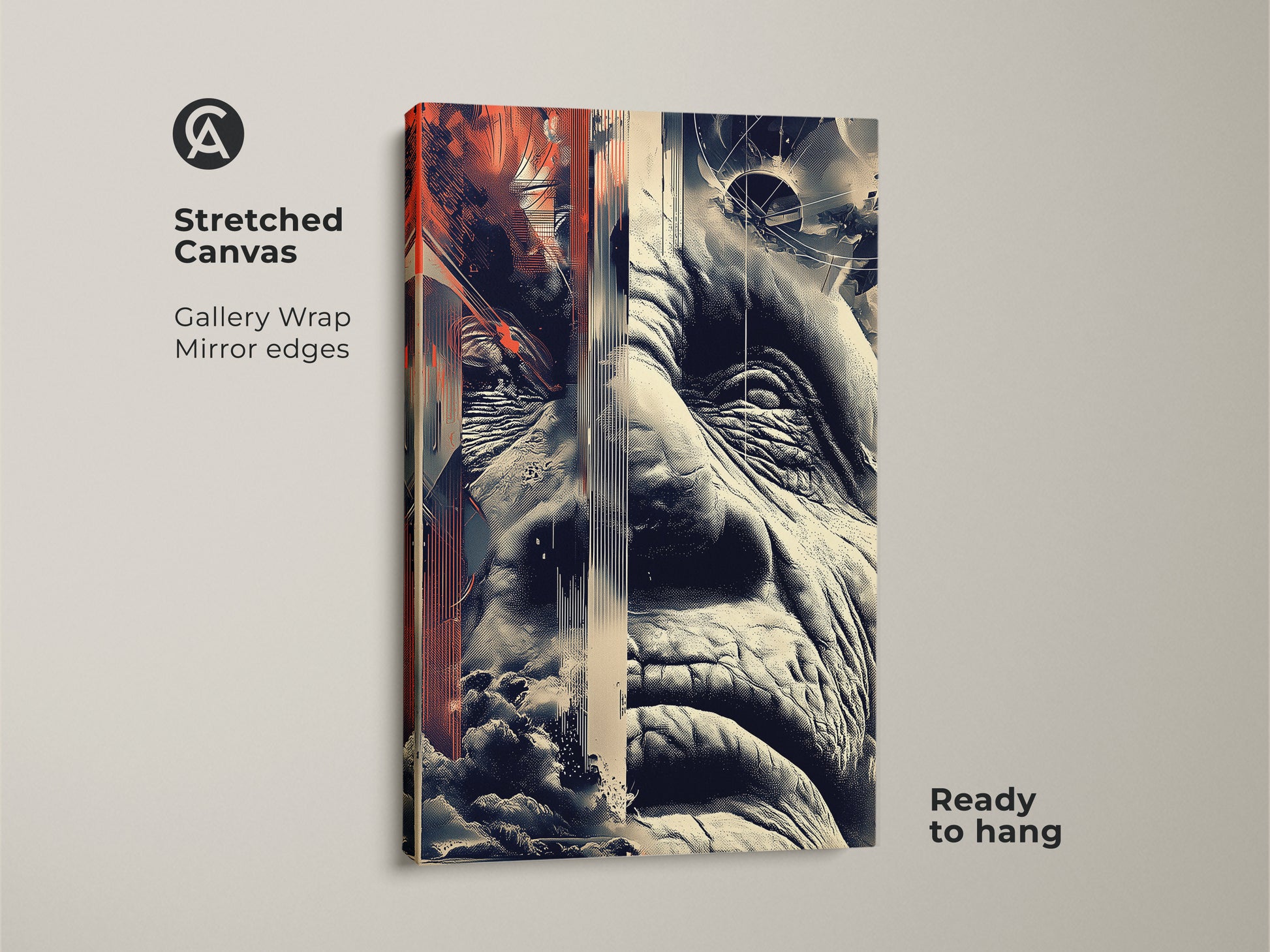 Stretched canvas of glitch art featuring an old man's face. The abstract portrait includes geometric shapes in terracotta beige and navy. Gallery wrapped with mirrored edges this ready to hang artwork adds eclectic flair.