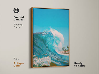 Framed canvas artwork of a breathtaking ocean wave. The antique gold floating frame adds a vintage touch. Ready to hang this artwork and transform your home with coastal beauty. Shop Now!