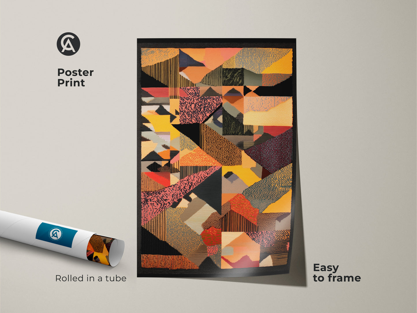Poster print of abstract geometric wall art rolled in a tube. The mid-century modern art print features yellow red and orange colors. It's an easy-to-frame eclectic home decor canvas. A perfect housewarming gift for art lovers.