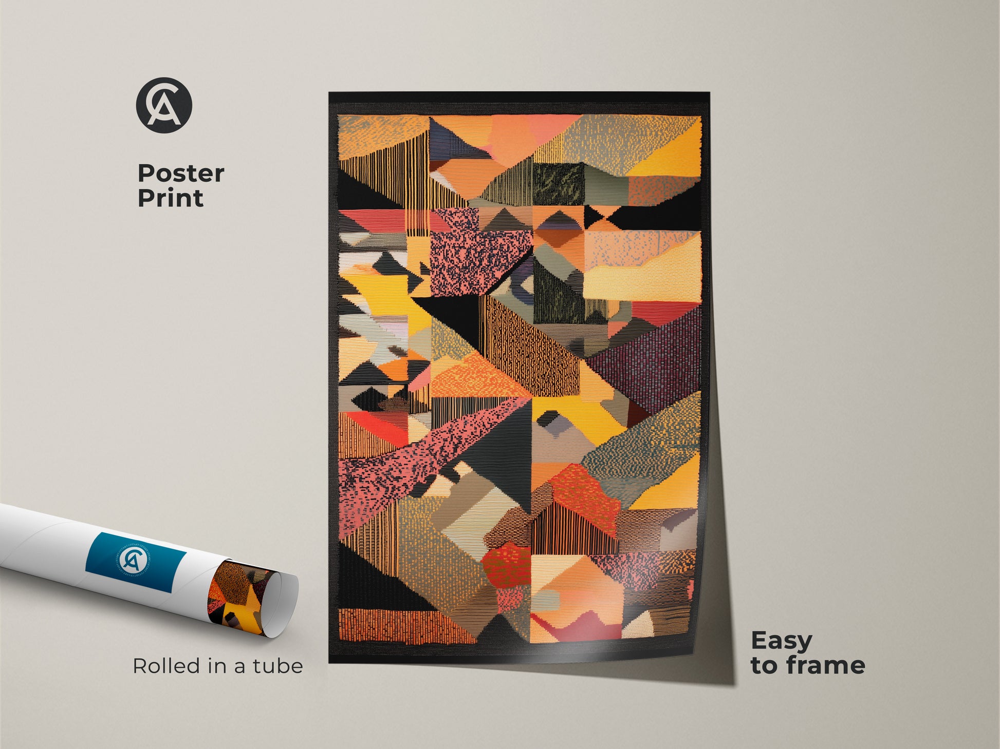 Poster print of abstract geometric wall art rolled in a tube. The mid-century modern art print features yellow red and orange colors. It's an easy-to-frame eclectic home decor canvas. A perfect housewarming gift for art lovers.