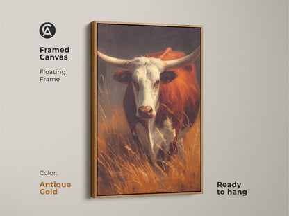 A framed canvas art print shows a longhorn bull. The floating frame is antique gold. This wall art is ready to hang. Shop for framed art canvas to enhance your home decor.