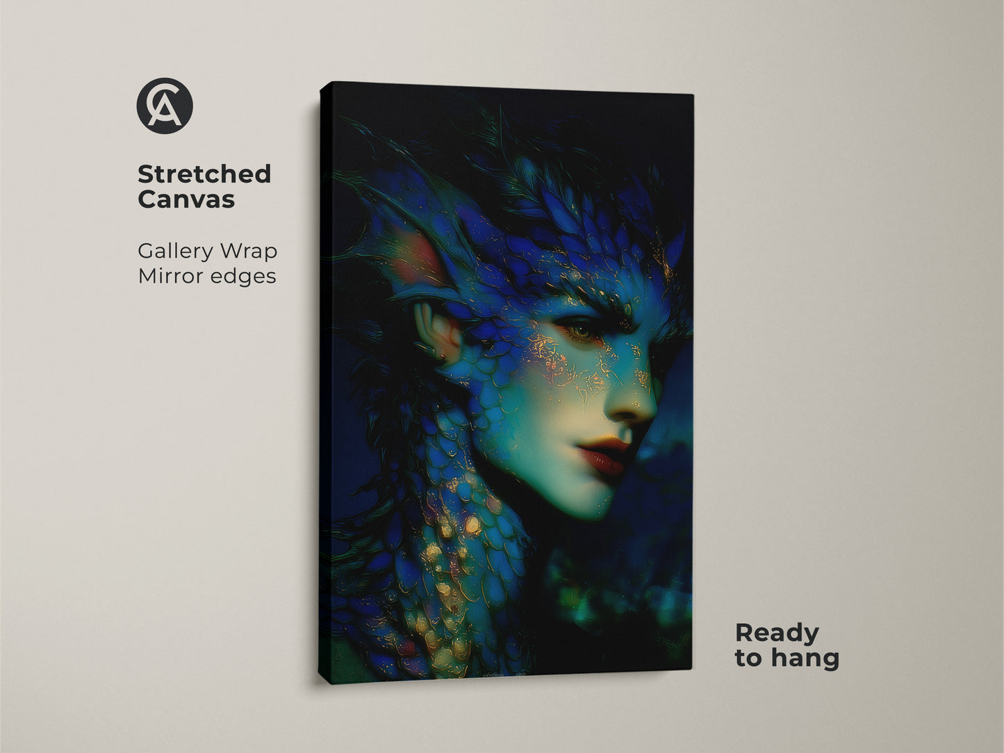 Stretched canvas print of a dark fantasy mermaid. The teal and gold artwork showcases a mythological sea creature in surreal style. Gallery wrapped with mirrored edges and ready to hang. An ideal eclectic gift for fantasy art lovers.
